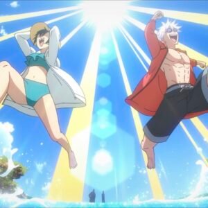 Gojo Satoru y Riko jugando en la playa