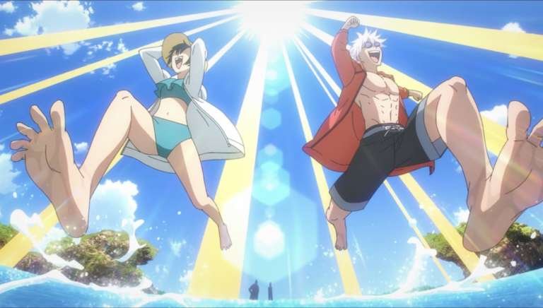 Gojo Satoru y Riko jugando en la playa