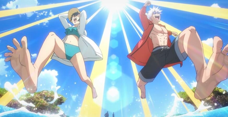 Gojo Satoru y Riko jugando en la playa