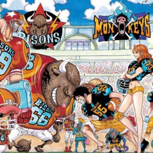 Ilustración de One Piece con los personajes jugando futbol americano.
