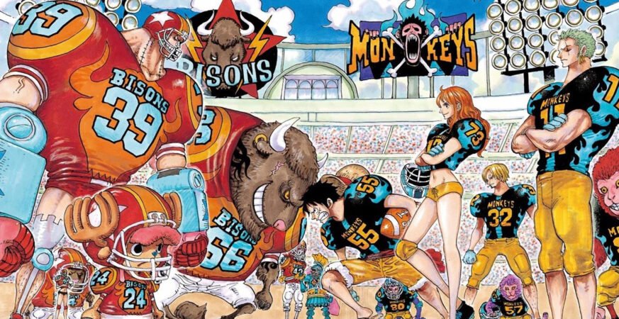 Ilustración de One Piece con los personajes jugando futbol americano.