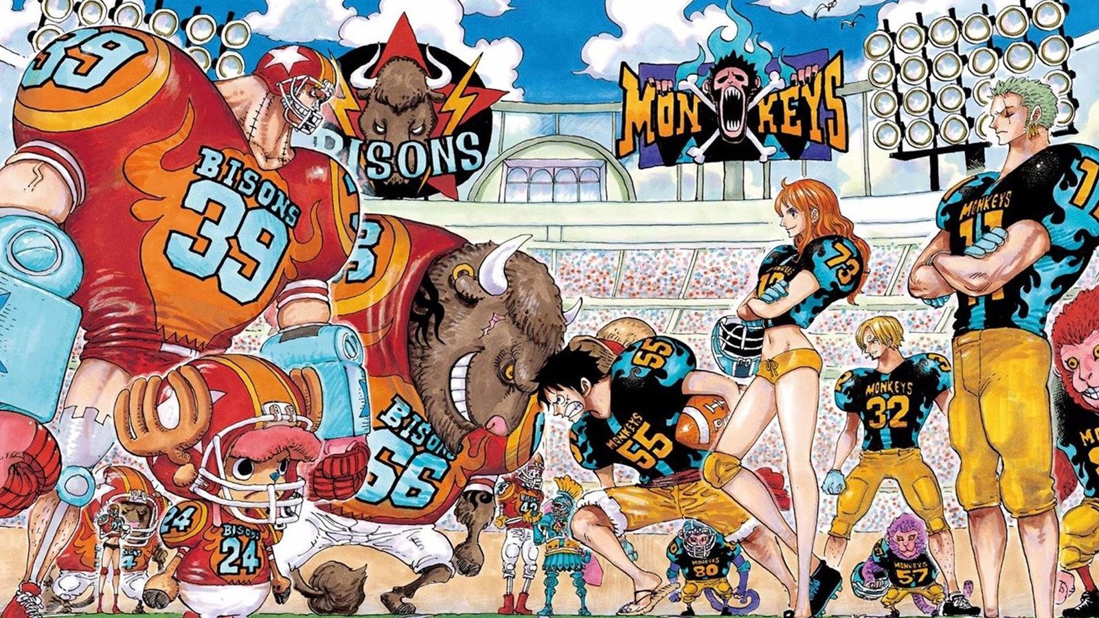 Ilustración de One Piece con los personajes jugando futbol americano.